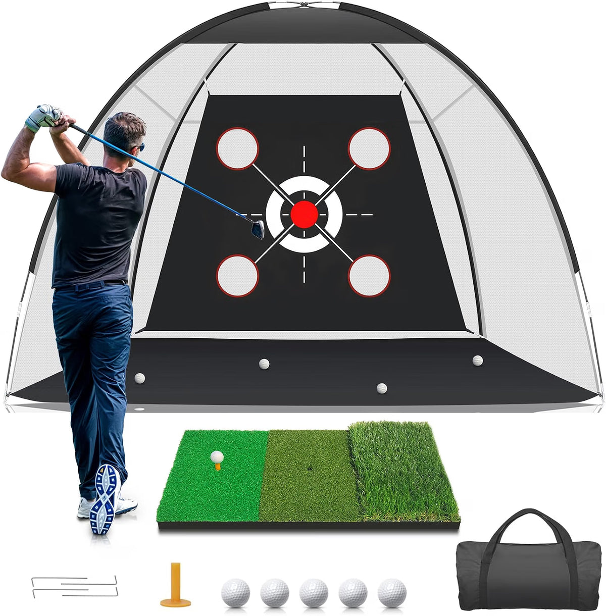 Golf Practice Pro™ – 10x7FT Golf Practice Net with Training Mat, Target, Golf Balls, Tees & Carry Bag for Backyard, Indoor & Outdoor Practice