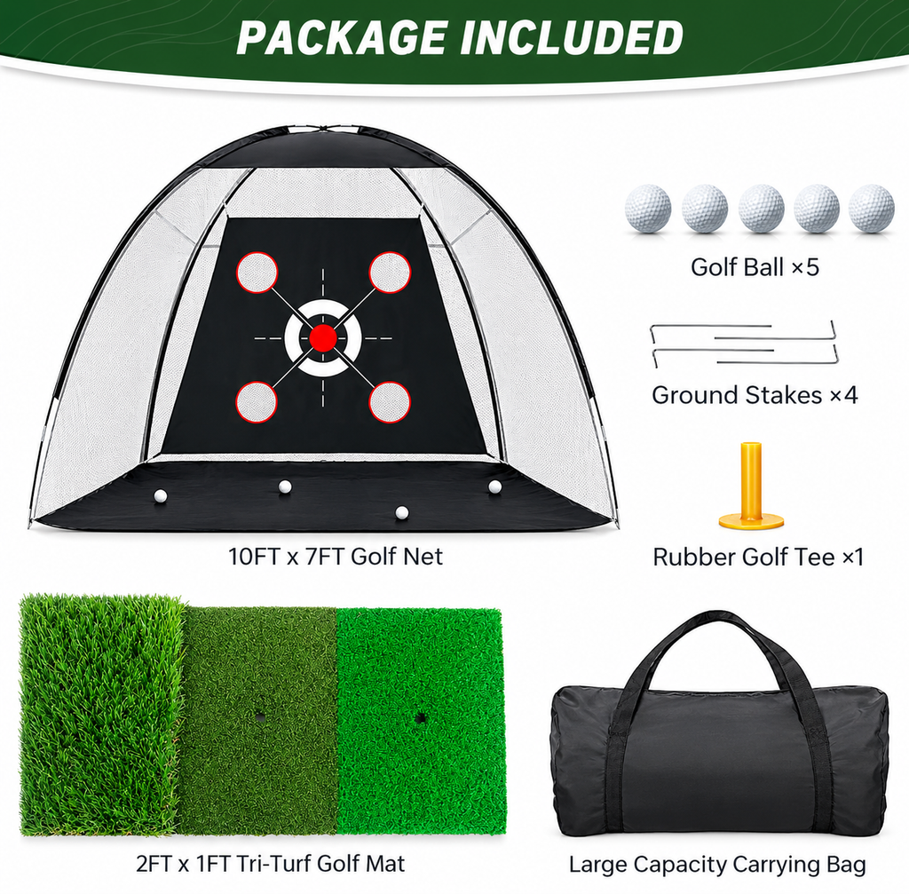Golf Practice Pro™ – 10x7FT Golf Practice Net with Training Mat, Target, Golf Balls, Tees & Carry Bag for Backyard, Indoor & Outdoor Practice
